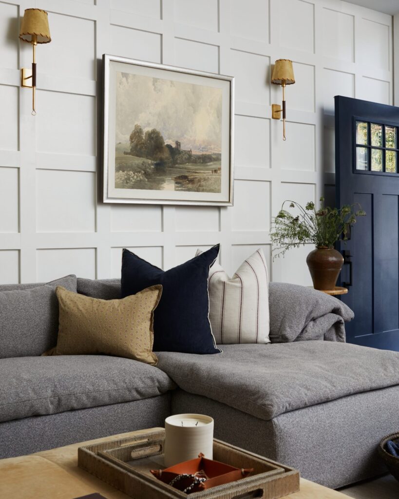 Corner view of couch with throw pillows